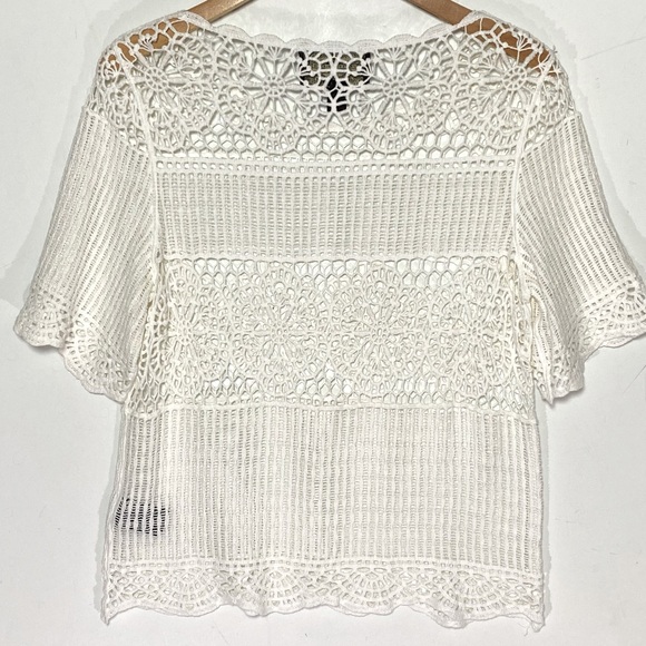 ANTHROPOLOGIE JAMES COVIELLO White Lace Crochet Sheer Short Sleeve Top medium - Picture 8 of 9